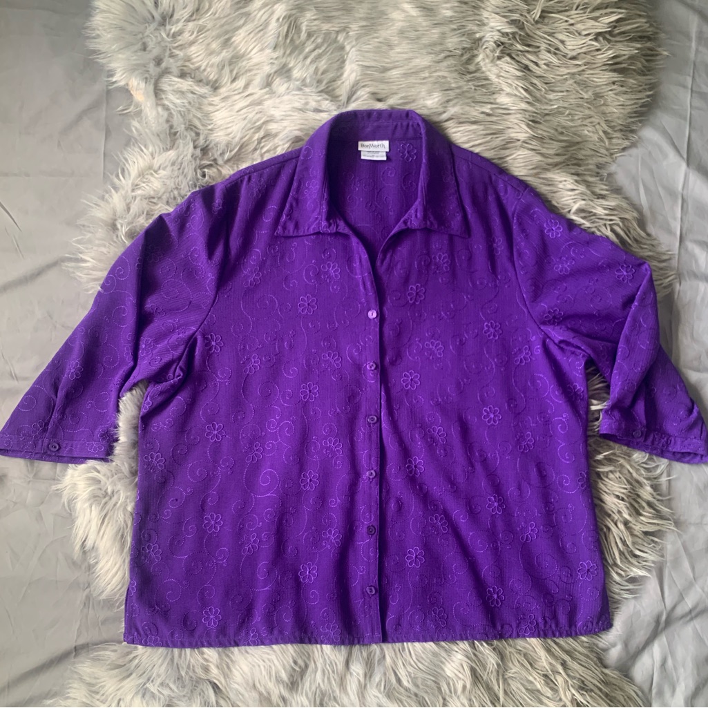 Bonworth Classic Purple Floral Embroidery Button Up 3/4 Sleeve Xl Blouse Shirt